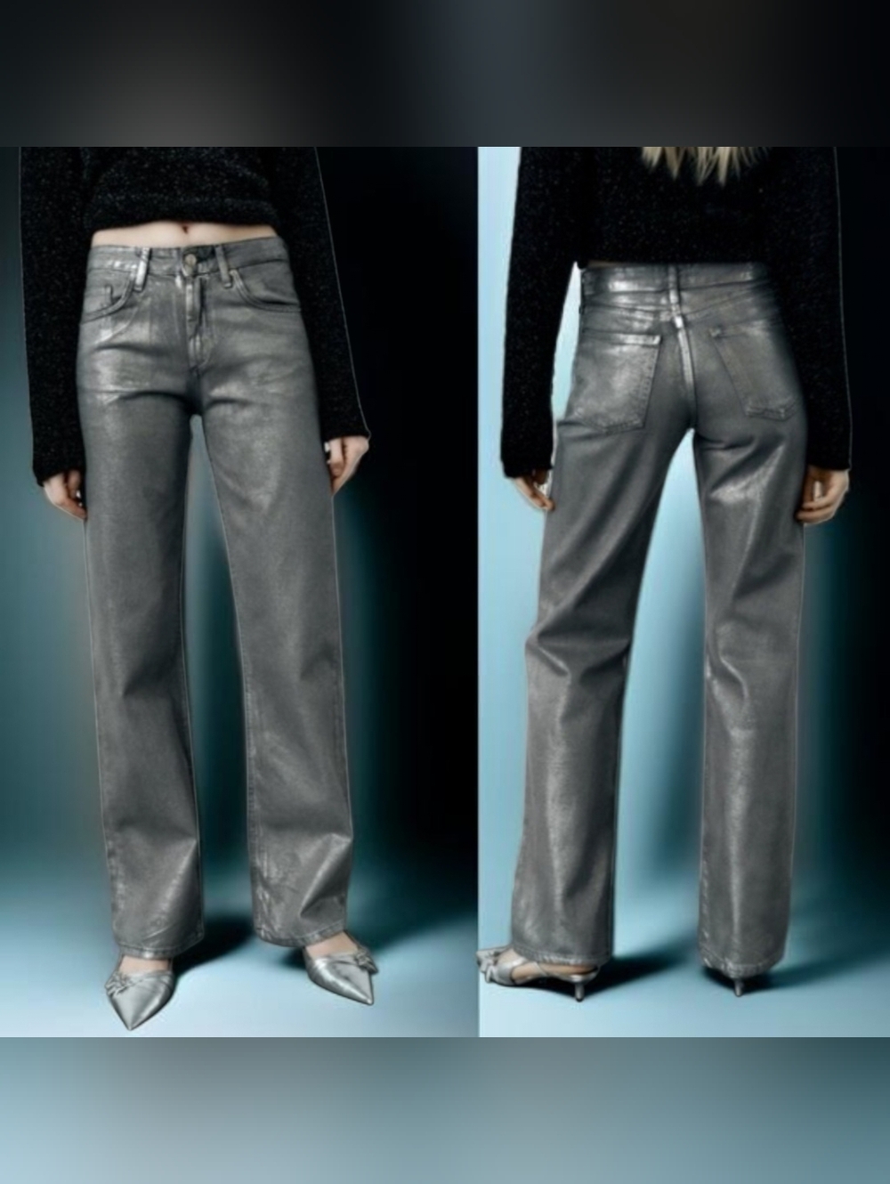 NWOT ZARA ( 4 ) Metallic Silver Mid Rise Straight-Leg Jeans
